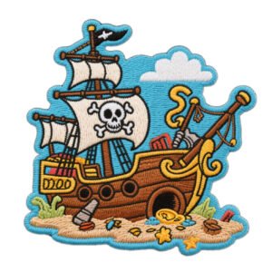 Vibrant cartoon-style embroidered patch featuring a sailing pirate ship with a skull-and-crossbones Jolly Roger sail, accented with ocean waves, fluffy clouds, scattered gold coins and treasure elements; finished with a blue merrowed edge and pre-coated with heat-seal adhesive for easy iron-on application to kidswear, denim jackets or backpacks.