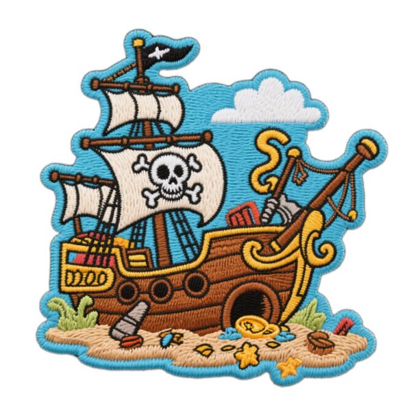 Cartoon Pirate Ship Treasure Map Embroidered Patch DIY Garment Decorative Appliqué Vibrant cartoon-style embroidered patch featuring a sailing pirate ship with a skull-and-crossbones Jolly Roger sail, accented with ocean waves, fluffy clouds, scattered gold coins and treasure elements; finished with a blue merrowed edge and pre-coated with heat-seal adhesive for easy iron-on application to kidswear, denim jackets or backpacks.