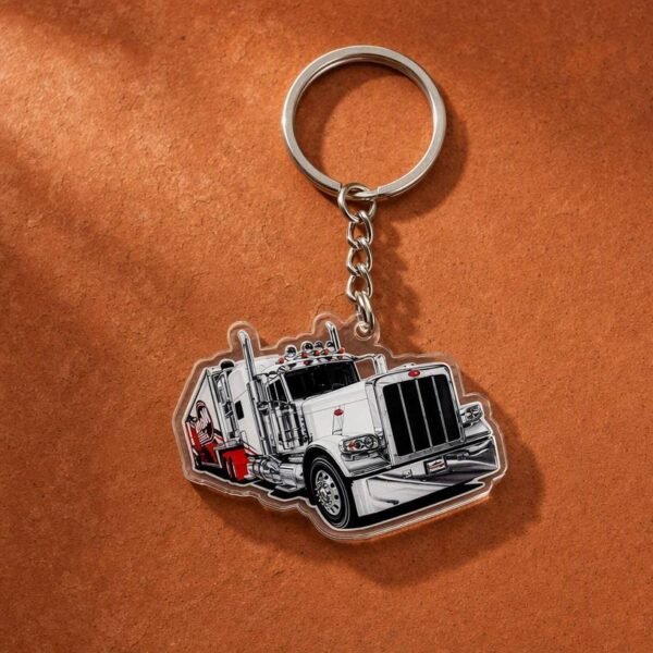 High-definition UV printed truck shape acrylic keychain featuring a classic American semi-truck design in black and white with red side accents; includes a durable metal keyring for car enthusiasts and daily decor.