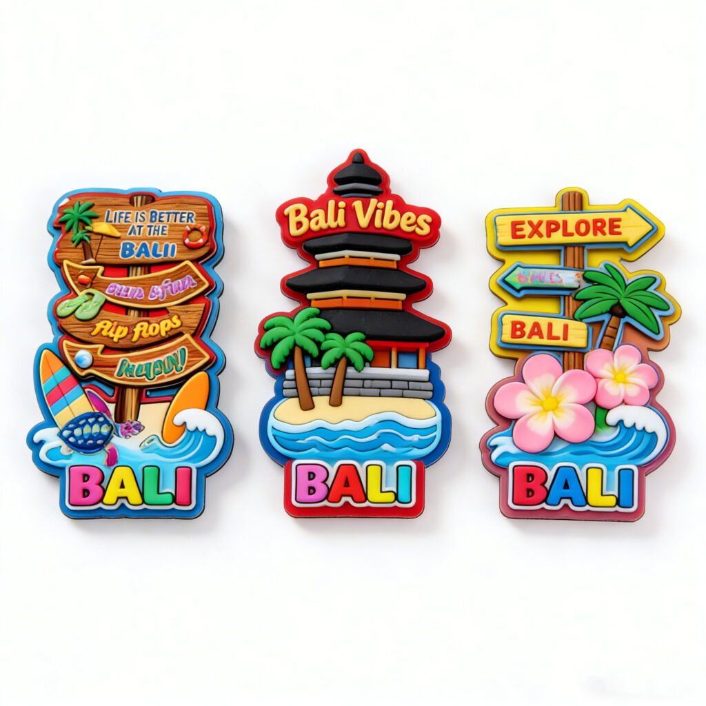 3-piece 3D Bali-themed PVC soft rubber fridge magnet set featuring a wooden directional sign, Tanah Lot Sea Temple and adventure trail marker, with vibrant colors and "Bali Vibes" text; crafted via eco-friendly PVC injection molding with strong built-in magnets, suitable for adhesion to refrigerators, whiteboards and other ferrous surfaces as travel keepsake decor.