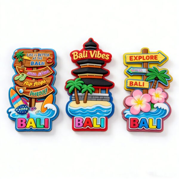 3-piece 3D Bali-themed PVC soft rubber fridge magnet set featuring a wooden directional sign, Tanah Lot Sea Temple and adventure trail marker, with vibrant colors and "Bali Vibes" text; crafted via eco-friendly PVC injection molding with strong built-in magnets, suitable for adhesion to refrigerators, whiteboards and other ferrous surfaces as travel keepsake decor.