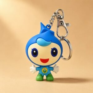 High-quality 3D cartoon character PVC keychain in contrasting dark and light blue color scheme, featuring large expressive eyes, a yellow lightning bolt emblem on the chest and a star accent at the top; crafted via eco-friendly PVC soft rubber injection molding with crisp detailing and vibrant colors, equipped with a metal swivel lobster clasp, suitable for daily anti-loss key organization or branded IP merchandise charms.