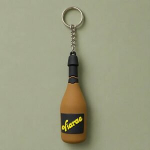 3D realistic wine bottle PVC soft rubber keychain with brown bottle body and black cap; supports custom logo or brand name on bottle label area, ideal personalized novelty gift.