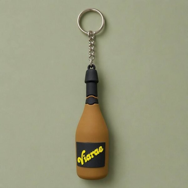 Custom 3D Realistic Wine Bottle PVC Keychain Personalized Beverage-Shaped Drip Molded Charm 3D realistic wine bottle PVC soft rubber keychain with brown bottle body and black cap; supports custom logo or brand name on bottle label area, ideal personalized novelty gift.