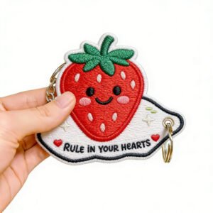 Soft cute cartoon strawberry-shaped embroidered keychain featuring a blushing smiling strawberry face, white lace trim and "RULE in YOUR HEARTS" text; crafted with high-density polyester embroidery thread and precision merrowed edge, equipped with a gold metal lobster clasp, ideal for daily key organization or as a sweet accent for feminine bags.