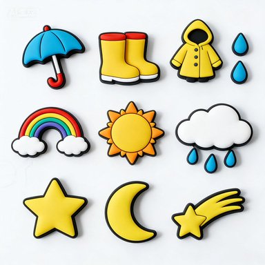 9-piece cartoon PVC soft rubber fridge magnet set featuring classic weather and day-night motifs including umbrellas, rain boots, rainbow sun, cloud raindrops, stars and moon; crafted with 3D drip molding process in vibrant colors, backed with strong magnets, suitable for decorative use on refrigerators, whiteboards and file cabinets.