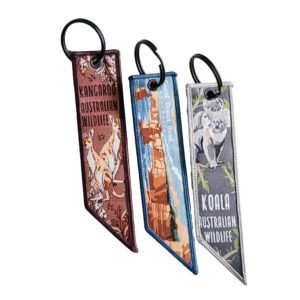 Australian themed double-sided embroidery patch featuring kangaroo, Uluru Rock, and koala designs; high-density embroidery supporting custom corporate logos, equipped with a metal snap hook.