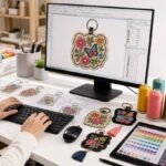 A designer using embroidery software on a computer to digitize custom floral keychain patterns, surrounded by physical sample keychains and colorful spools of thread.