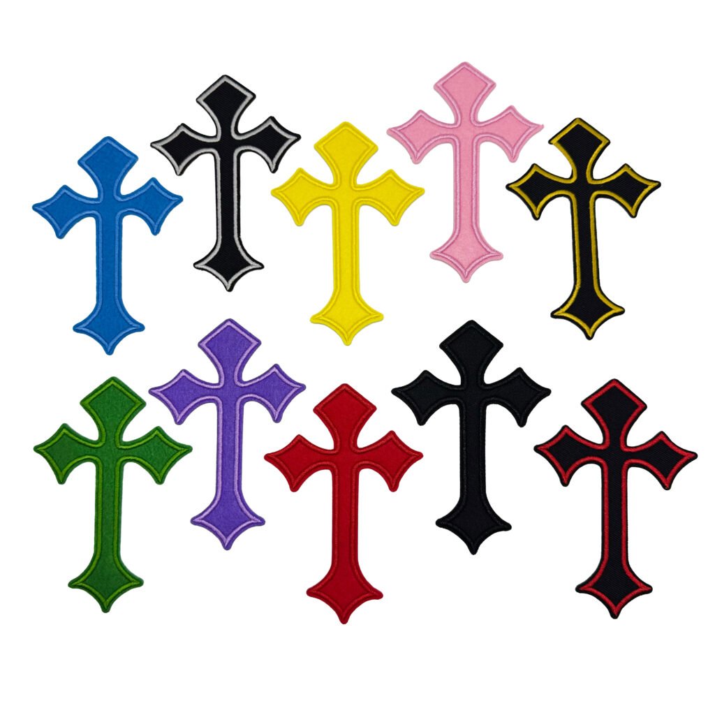 Multi-color optional Gothic cross embroidered patch, precision-stitched with high-density polyester embroidery thread; includes solid-color variants and black-white/red-black contrast-edge styles, backed with heat-seal adhesive; ideal for DIY customization on denim jackets, backpacks, hats or jeans.