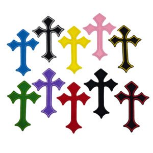 Multi-color optional Gothic cross embroidered patch, precision-stitched with high-density polyester embroidery thread; includes solid-color variants and black-white/red-black contrast-edge styles, backed with heat-seal adhesive; ideal for DIY customization on denim jackets, backpacks, hats or jeans.