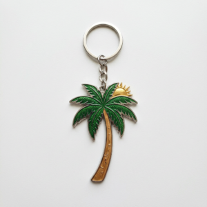 Summer island-themed metal keychain featuring a detailed coconut tree and golden sun design, crafted with premium baked enamel process, supports custom logo imprint, ideal resort giveaway.