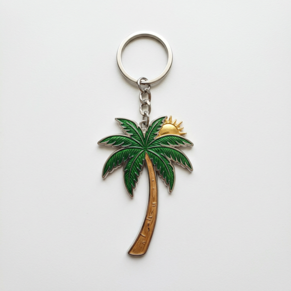 Summer island-themed metal keychain featuring a detailed coconut tree and golden sun design, crafted with premium baked enamel process, supports custom logo imprint, ideal resort giveaway.