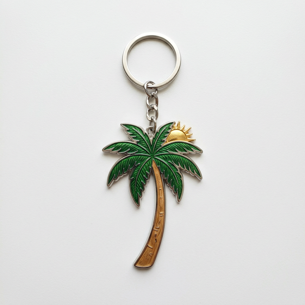 Custom metal keychains featuring a vibrant green palm tree with brown wood-grain texture, a golden half-sun accent, and a silver metal chain; ideal for tropical travel souvenirs.
