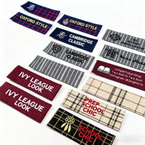 Premium woven clothing label featuring classic Ivy League aesthetic with vintage typefaces (Oxford, Cambridge, Prep School), red and blue tartan plaid and pinstripe base fabrics, finished with metallic edging or precision merrow border; ideal for denim side seams or shirt collars.