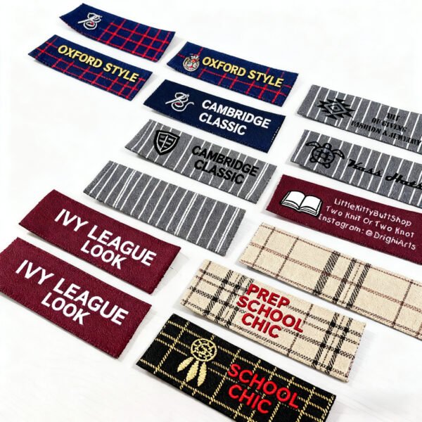 Custom Ivy League Woven Labels Vintage Plaid & Stripe Contrast CollarSide Tags Premium woven clothing label featuring classic Ivy League aesthetic with vintage typefaces (Oxford, Cambridge, Prep School), red and blue tartan plaid and pinstripe base fabrics, finished with metallic edging or precision merrow border; ideal for denim side seams or shirt collars.
