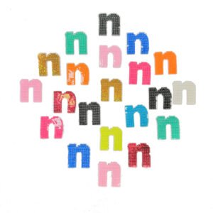 Multi-color lowercase sequin embroidery patch densely covered with gold, silver and colorful reverse sequins; flip to instantly switch colors, backed with heat-seal adhesive layer, ideal for personalized DIY decoration on kids' clothing, denim jackets, bags or hats.