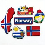 Custom multinational PVC soft rubber fridge magnet set featuring Norway, Uruguay, and Mauritius designs; integrates national flag colors, Dodo bird and mate tea cultural elements; 3D epoxy doming with strong magnetic backing for refrigerator or whiteboard decor.