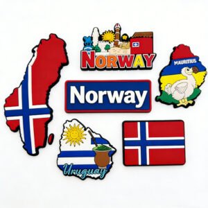 Custom Multinational PVC Fridge Magnets 3D National Flag & Map Magnetic Decals Custom multinational PVC soft rubber fridge magnet set featuring Norway, Uruguay, and Mauritius designs; integrates national flag colors, Dodo bird and mate tea cultural elements; 3D epoxy doming with strong magnetic backing for refrigerator or whiteboard decor.