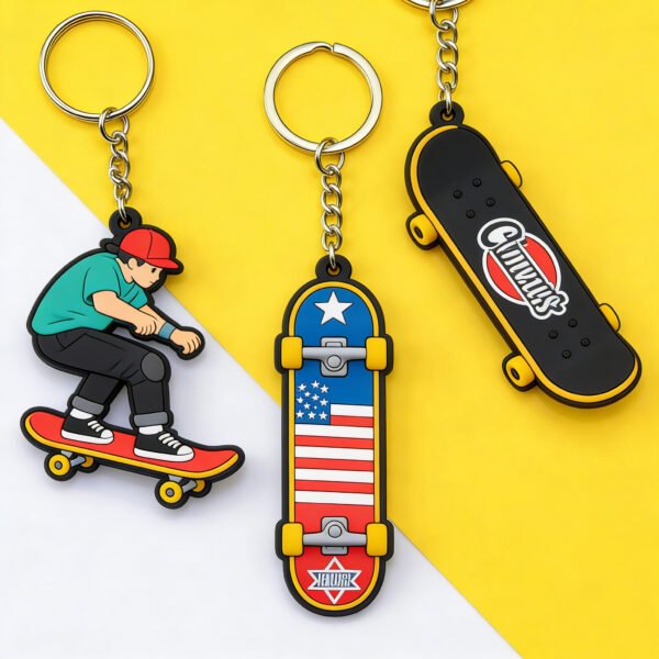 Custom PVC Keychains Extreme Skateboarding Silicone Charms A set of three skateboard-themed custom PVC keychains. The left features a cartoon boy skateboarding, the center displays a skateboard deck with the American Stars and Stripes flag pattern, and the right shows a black skateboard with "Chums" text and a red lip print. All use 3D epoxy doming, vibrant colors, and silver metal key rings.