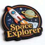 Custom PVC PVC Velcro patches with a "Space Explorer" theme. The design features a cartoon rocket launching into a dark blue starry sky, with a green Saturn ringed planet and the yellow 3D text "Space Explorer." The surface is glossy and domed, with a black rubber border and a hook-and-loop backing for easy attachment and removal.