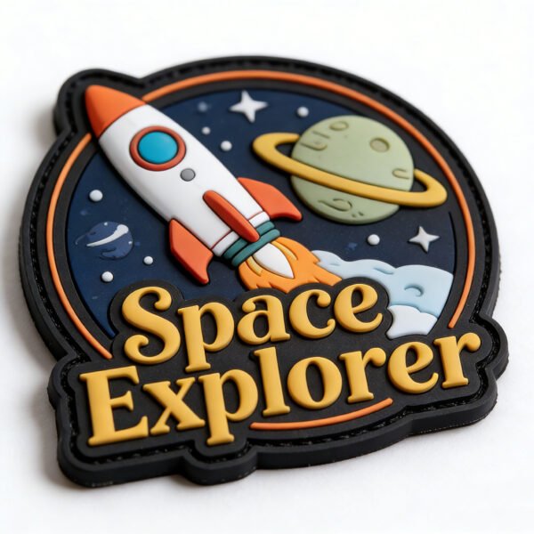 Custom PVC Patches Space Explorer Soft Rubber Hook-and-Loop Badges A custom PVC hook-and-loop patch with a "Space Explorer" theme. The design features a cartoon rocket launching into a dark blue starry sky, with a green Saturn ringed planet and the yellow 3D text "Space Explorer." The surface is glossy and domed, with a black rubber border and a hook-and-loop backing for easy attachment and removal.