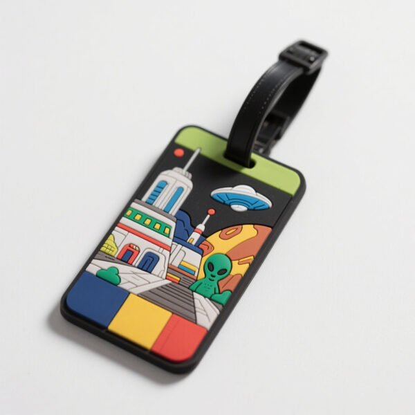 Custom PVC Soft Rubber Luggage Tag Fun Cartoon Space Exploration Themed Suitcase ID Tag Custom PVC soft rubber luggage tag with vibrant space exploration cartoon graphics on a black background, featuring a green alien, UFO, futuristic space station and planets; equipped with a black faux leather securement strap, impact-resistant and durable for quick luggage identification at airports.