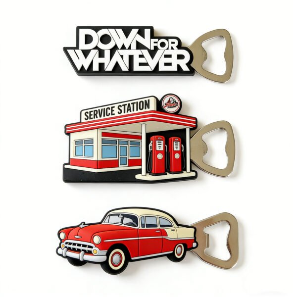 Custom PVC soft rubber magnetic bottle opener featuring vintage Americana theme with "DOWN FOR WHATEVER" slogan, gas station scene, and classic car graphics; equipped with strong back magnet for adherence to refrigerators or metal surfaces, combining utility with decor.