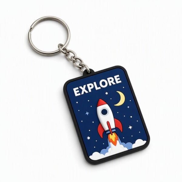 Custom Printed PVC Keychain Space Exploration Themed Cartoon Rocket Charm Space exploration themed printed PVC keychain featuring a launched rocket, moon and stars against a deep blue starry sky background, with "EXPLORE" text printed at the top, made with HD printing process and supporting custom exclusive designs.