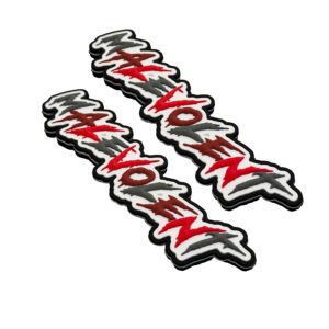 Pair of 3D soft rubber "RACE VENOM" letter hook and loop patches featuring aggressive speed-inspired typography in striking red and charcoal grey, finished with black merrowed edges; backed with heavy-duty hook tape (hook or loop side customizable) for personalized DIY decoration on tactical backpacks, motorcycle jackets, skateboards or baseball caps.