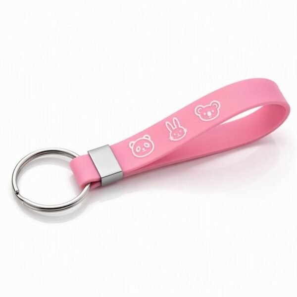 Pink silicone wristband keychain with cute bear and rabbit cartoon avatars printed on the surface, equipped with a metal locking buckle and keyring; soft, anti-loss material supports custom exclusive logos or patterns.