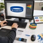A designer creating 3D silicone wristband artwork on Adobe Illustrator, accompanied by technical specification sheets for debossed and raised text, material texture swatches, and physical color-stacked silicone bracelet samples.