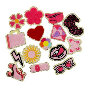 Vibrant sweet & edgy Y2K style towel embroidery patch set featuring assorted trendy motifs including hearts, bold red lips, rhinestones, butterflies, sunflowers, lightning bolts and handbags; crafted with pink-toned plush chenille embroidery thread and sparkling gold merrowed edging, backed with heat-seal adhesive for DIY embellishment on denim jackets, hats and bags.