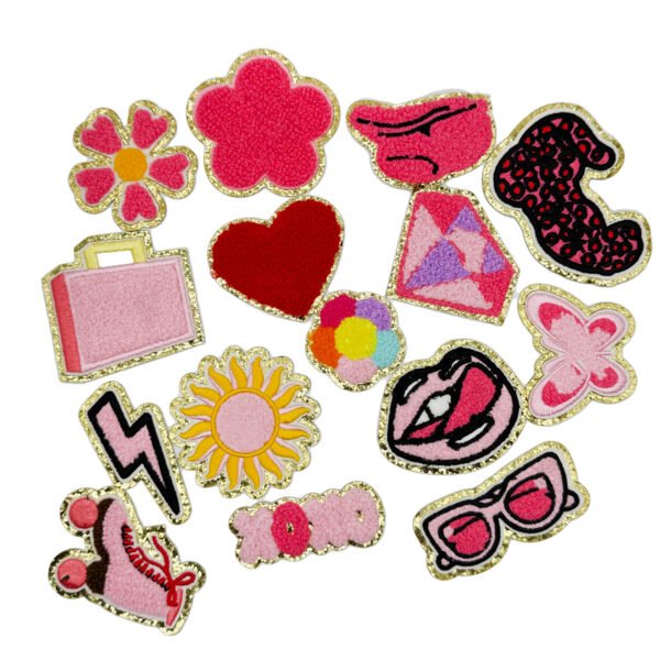Custom Sweet & Edgy Y2K Baddie Style Towel Embroidery Patch Set Heart, Lips, Butterfly & Sunflower Appliqués Vibrant sweet & edgy Y2K style towel embroidery patch set featuring assorted trendy motifs including hearts, bold red lips, rhinestones, butterflies, sunflowers, lightning bolts and handbags; crafted with pink-toned plush chenille embroidery thread and sparkling gold merrowed edging, backed with heat-seal adhesive for DIY embellishment on denim jackets, hats and bags.