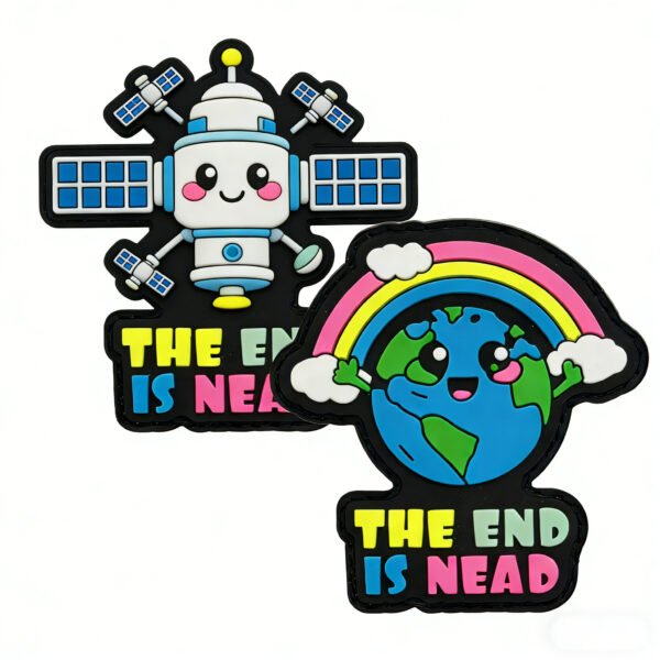 Pair of black-and-white contrast PVC soft rubber hook and loop patches featuring a smiling cartoon space station and a wide-armed cartoon Earth, both with colorful intentionally misspelled "THE END IS NEAD" text; backed with heavy-duty hook tape for personalized DIY decoration on tactical backpacks, denim jackets or baseball caps.