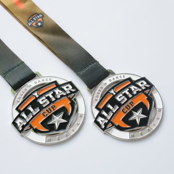 Custom Zinc Alloy Metal Medal All Star Cup Cheer & Dance Championship Award Premium zinc alloy metal medal with double-sided 3D relief design; front features black-orange contrast "ALL STAR CUP" text and five-pointed stars, outer rim engraved with "CHEER & DANCE MÉXICO"; paired with an army green gradient athletic ribbon, purpose-built for competitive sports events.