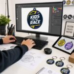 A designer creating vector artwork for a custom 'Kids For The Race' soft PVC keychain on a desktop monitor, surrounded by hand-drawn sketches and physical product samples.