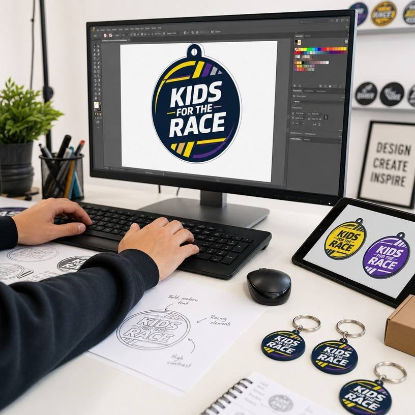 Designer preparing vector artwork for a custom soft PVC keychain