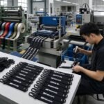 An automated webbing loom weaving and printing brand logos onto durable polyester straps on a factory production line, with a technician assembling finished 'Sparco', 'Supreme', and 'Starbucks' keychains in the foreground.