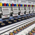 Automated multi-head industrial embroidery machines producing custom embroidered keychains and patches with colorful thread spools.