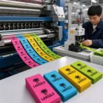 An industrial jacquard weaving loom producing multi-color LANSSLS fabric labels alongside a technician operating an ultrasonic edge-cutting machine, with neatly stacked finished woven labels in the foreground.