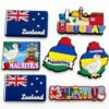 Set of 3D PVC soft rubber fridge magnets featuring Mauritius and New Zealand themes; includes a four-color map of Mauritius, illustrated blocks with the Dodo bird and Port Louis landmarks, and a New Zealand flag design with "Zealand" text; crafted with vibrant epoxy coating and strong backing magnets for decorative use on refrigerators or whiteboards.