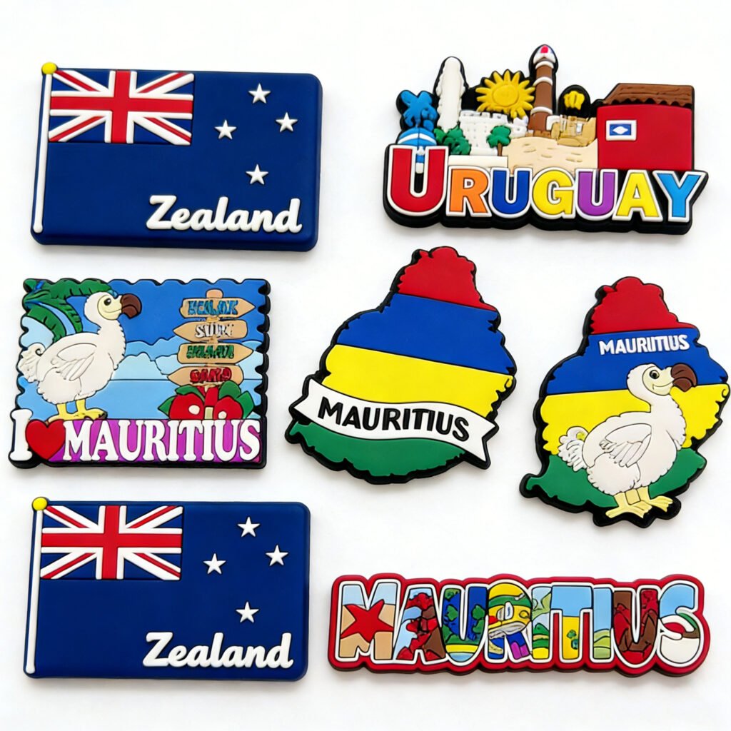 Set of 3D PVC soft rubber fridge magnets featuring Mauritius and New Zealand themes; includes a four-color map of Mauritius, illustrated blocks with the Dodo bird and Port Louis landmarks, and a New Zealand flag design with "Zealand" text; crafted with vibrant epoxy coating and strong backing magnets for decorative use on refrigerators or whiteboards.