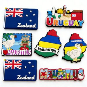 Set of 3D PVC soft rubber fridge magnets featuring Mauritius and New Zealand themes; includes a four-color map of Mauritius, illustrated blocks with the Dodo bird and Port Louis landmarks, and a New Zealand flag design with "Zealand" text; crafted with vibrant epoxy coating and strong backing magnets for decorative use on refrigerators or whiteboards.