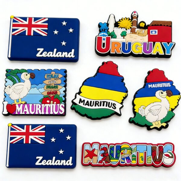 Mauritius & New Zealand Themed PVC Soft Rubber Fridge Magnets 3D Travel Souvenir Magnetic Decals Set of 3D PVC soft rubber fridge magnets featuring Mauritius and New Zealand themes; includes a four-color map of Mauritius, illustrated blocks with the Dodo bird and Port Louis landmarks, and a New Zealand flag design with "Zealand" text; crafted with vibrant epoxy coating and strong backing magnets for decorative use on refrigerators or whiteboards.