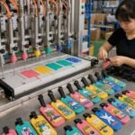 An automated multi-needle dispensing machine injecting liquid PVC into luggage tag molds, alongside a factory worker assembling adjustable straps on finished colorful 3D PVC luggage tags.