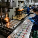 An industrial die-casting machine pouring molten metal into molds, alongside factory workers in masks manually filling enamel colors on finished metal keychains.