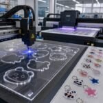 Industrial laser cutting machine shaping transparent acrylic keychains alongside UV printed finished keychains in a factory