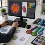 A designer engineering a basketball-themed vector artwork for a custom 5K/10K soft PVC medal on a desktop monitor, surrounded by dimensional technical spec drawings, color reference pallets, and physical medal prototypes with ribbons on the desk.