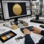 A designer rendering a SHE-com Awards Winner medal artwork on a monitor, surrounded by dimensional technical spec sheets, digital calipers, a tablet displaying gold, silver, and bronze finish options, and physical prototype medals.
