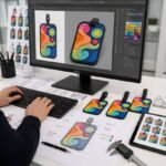 A designer rendering a colorful abstract wave pattern for a custom soft PVC luggage tag on a monitor, surrounded by dimensional technical sketches, Pantone color notes, digital calipers, and physical prototype samples.